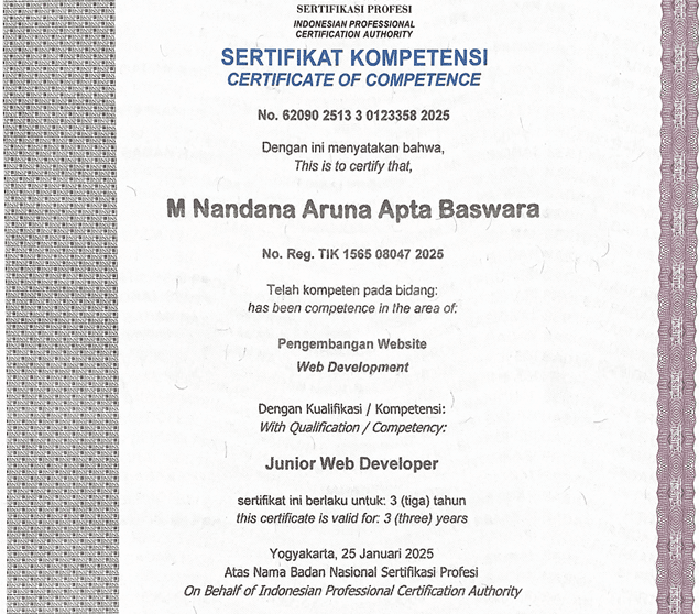 BNSP Junior Web Developer Certificate